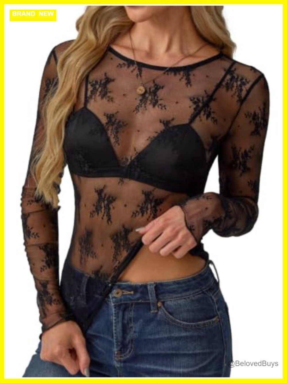 Lace Mesh Long Sleeve See Through Blouse for Women Party Club Night Out